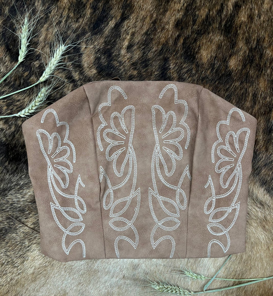 Brown Vegan Leather Embroidered Western Corset Top