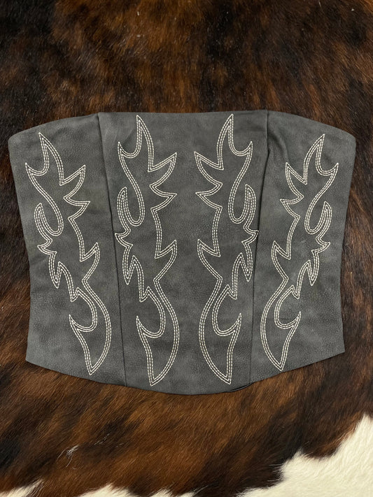 Black Vegan Leather Embroidered Western Corset Top