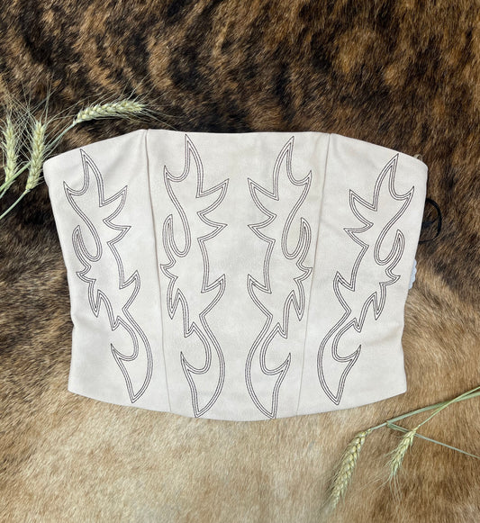 Beige Vegan Leather Embroidered Western Corset Top