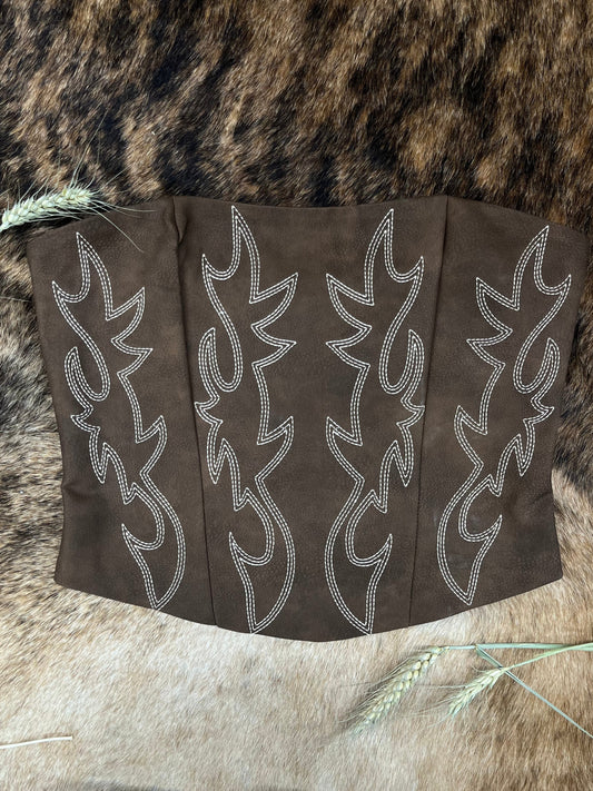 Dark Brown Vegan Leather Embroidered Western Corset Top