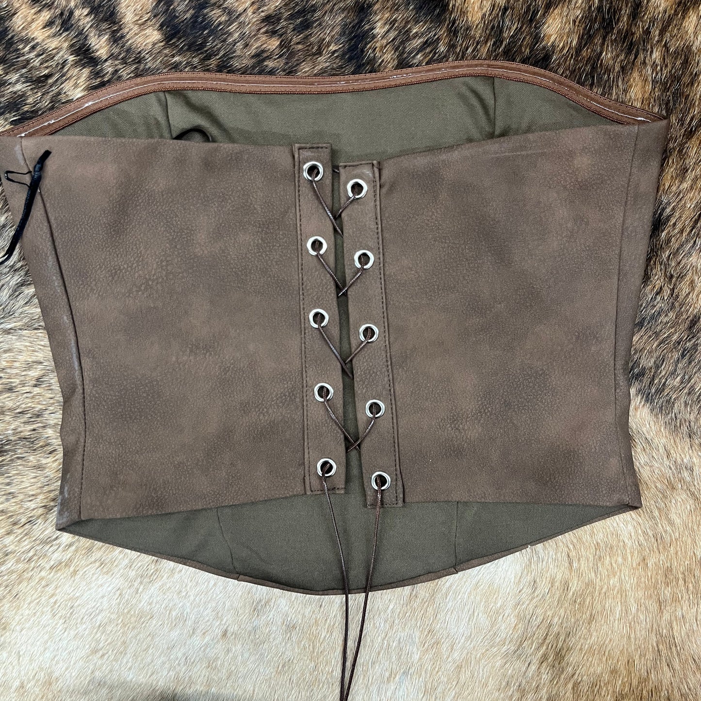 Dark Brown Vegan Leather Embroidered Western Corset Top